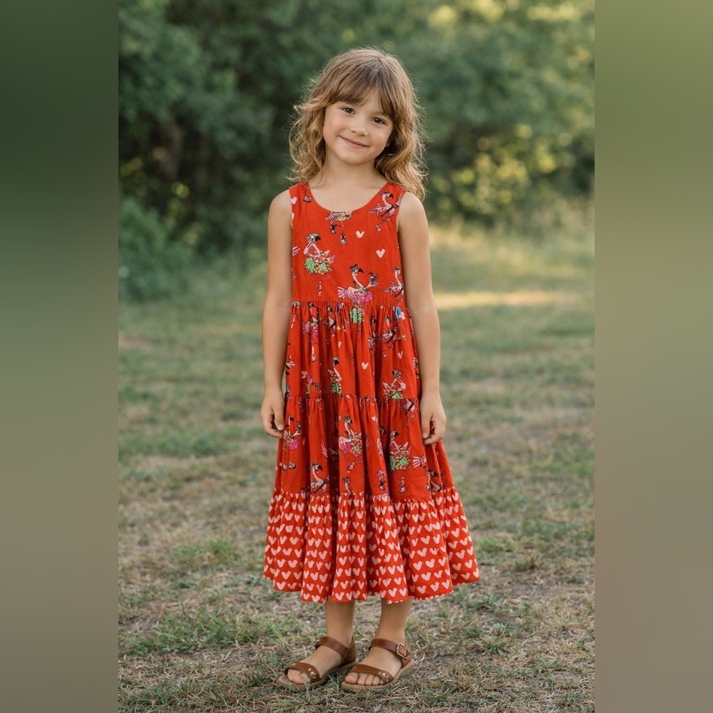 Stella McCartney Orange Flamingo Heart Tiered Dress in size 8 YR Girls
